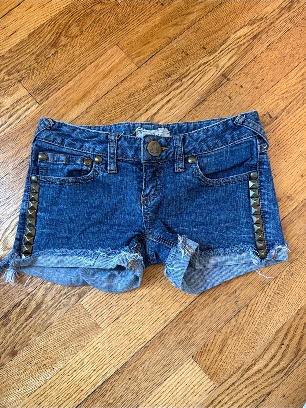 Free People Blue Denim Cutoff Shorts with Pyramid Stud Trim